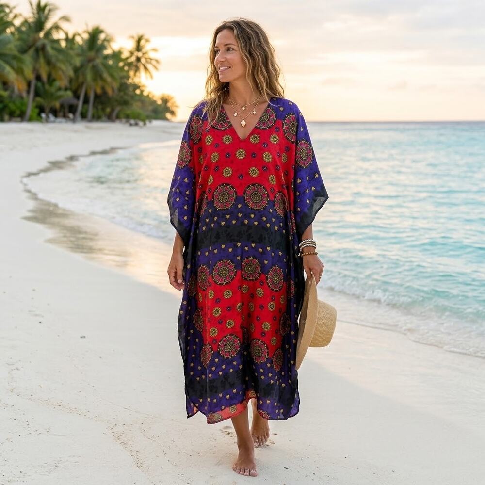 Vintage Wilnar ONE SIZE red black blue long maxi Kaftan